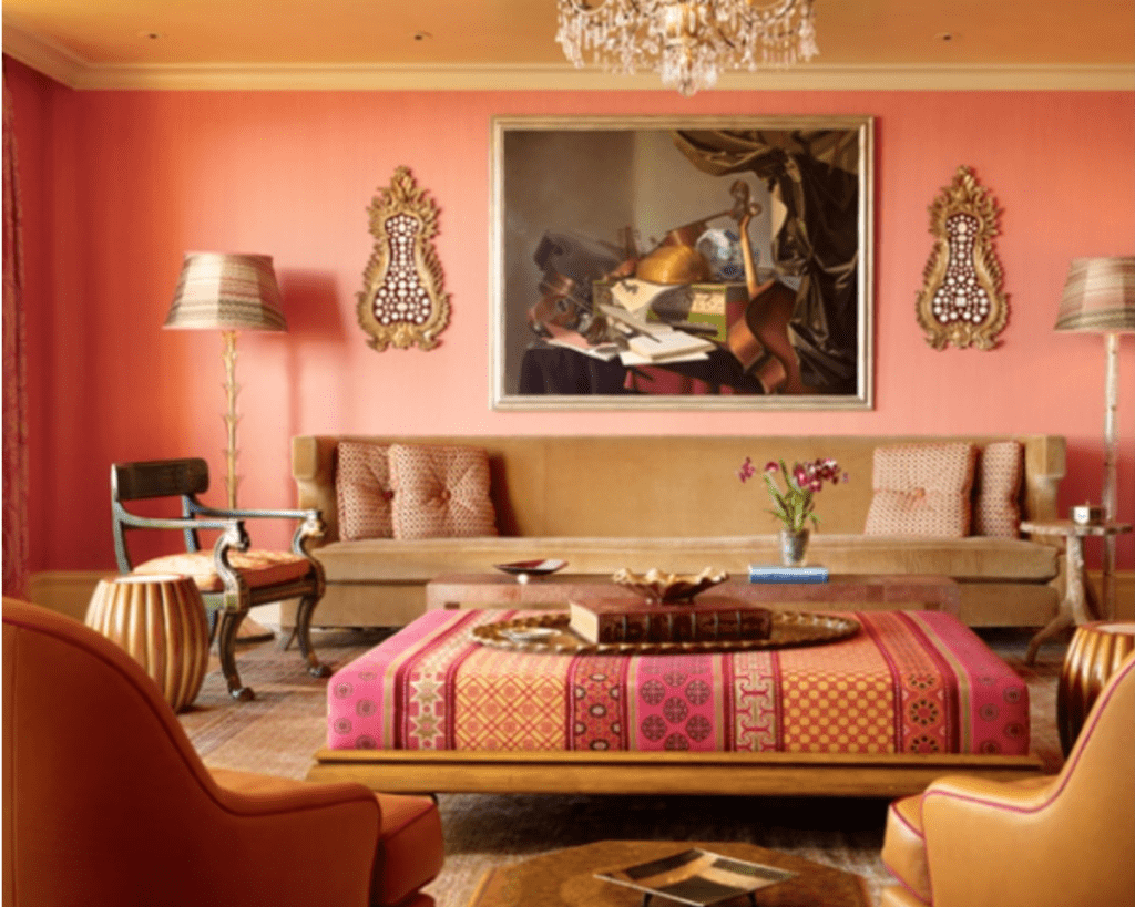 orange, pink and gold living room
