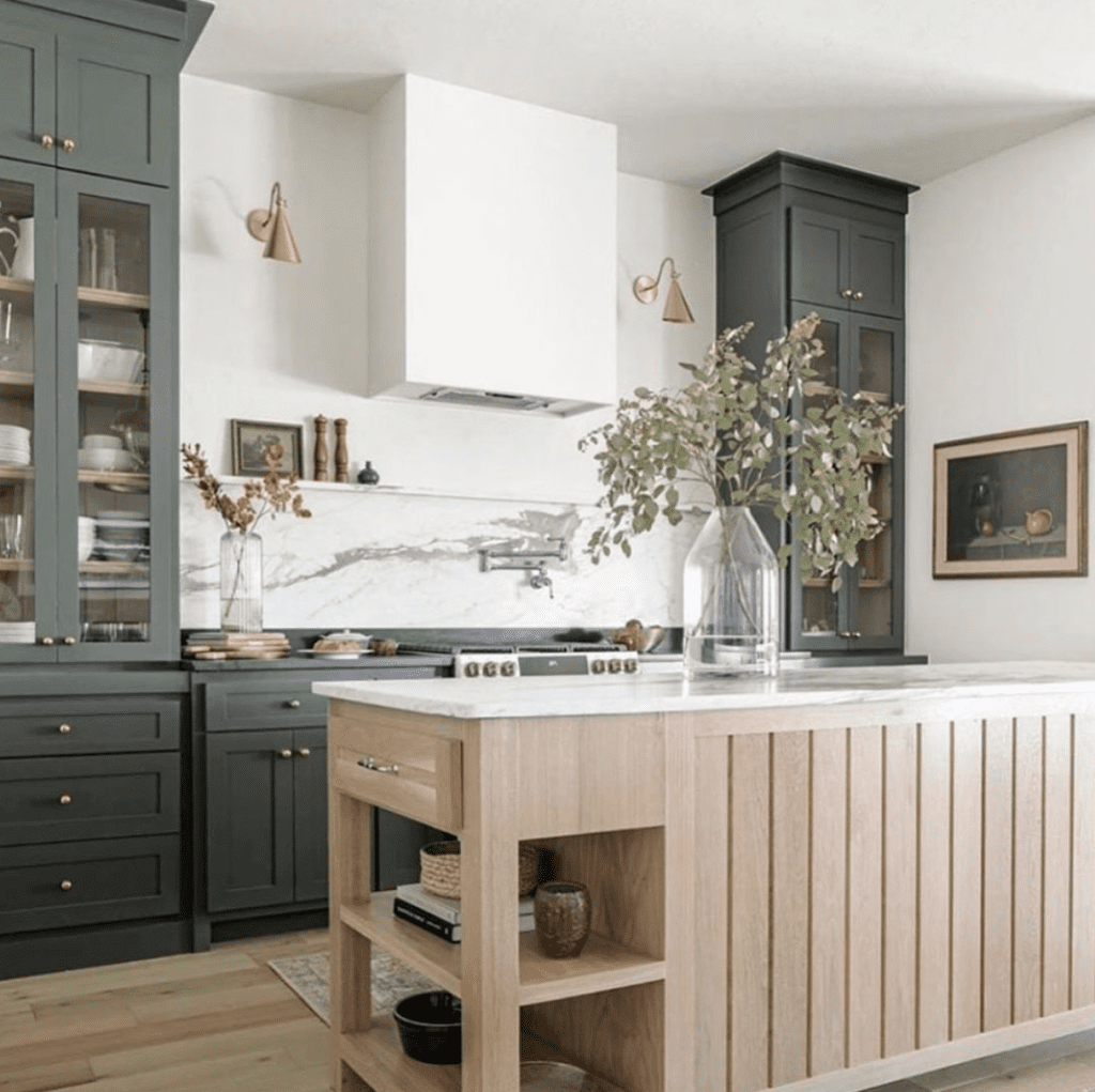 wood tone and olive green kitchen 2021 paint color trend
