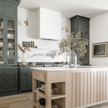 wood tone and olive green kitchen