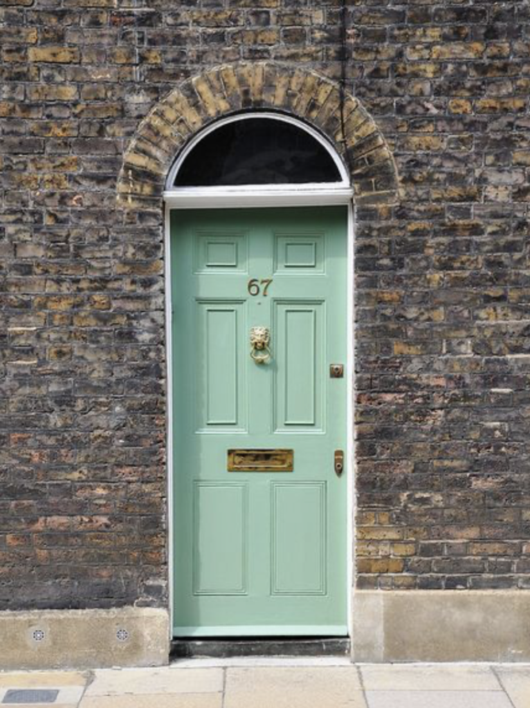 mint green front door